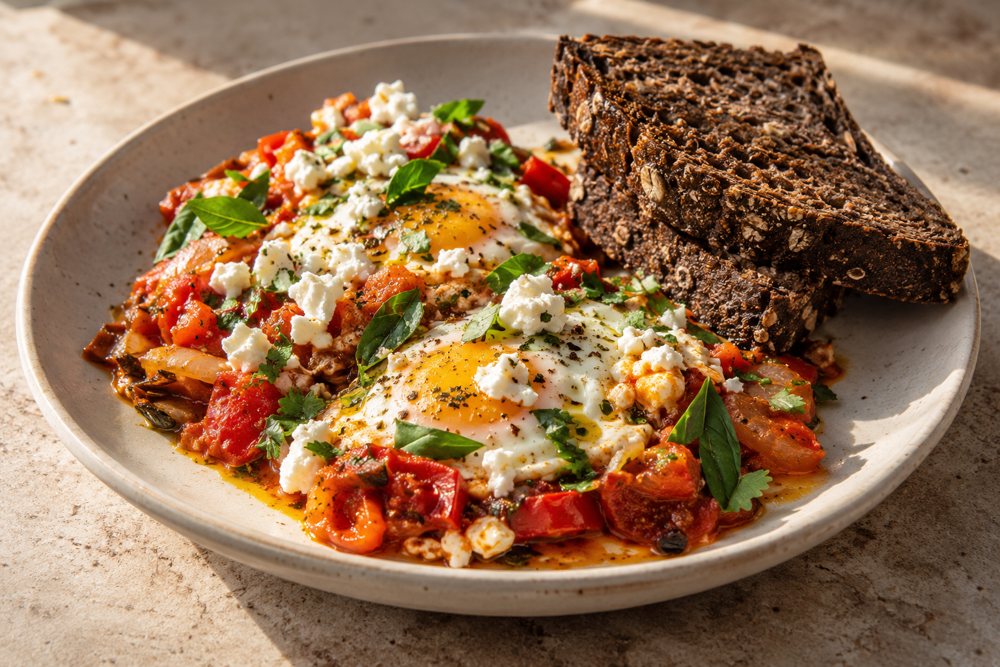 Illustrative eggs mediterranean with guinness bread