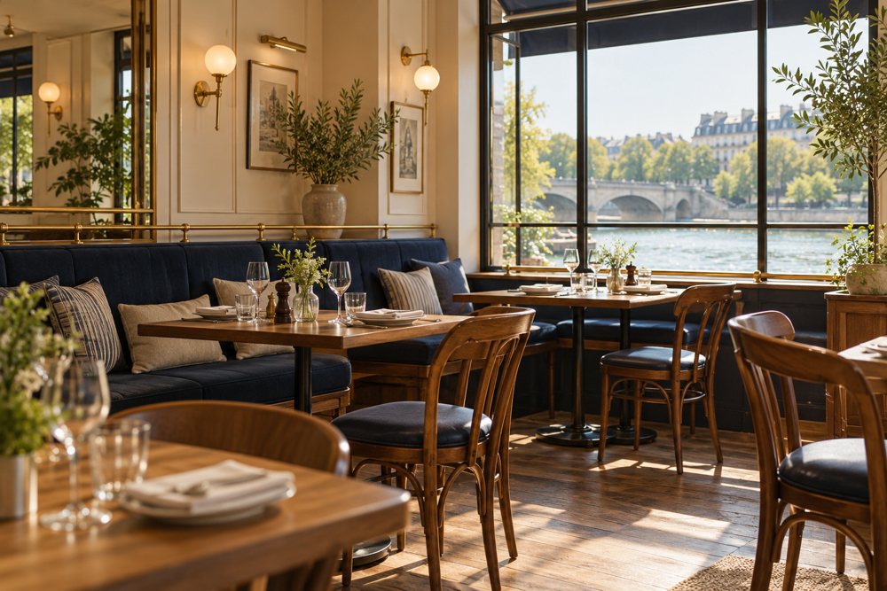 Illustrative sunlit riverside café interior