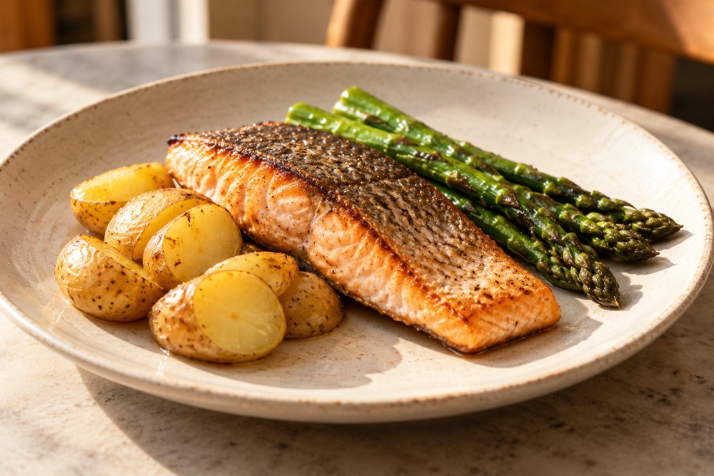 Illustrative sea trout with potatoes and asparagus